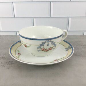 Noritake Tea Cup and Saucer  Pink Flowers Blue Scroll Pattern Gold Trim